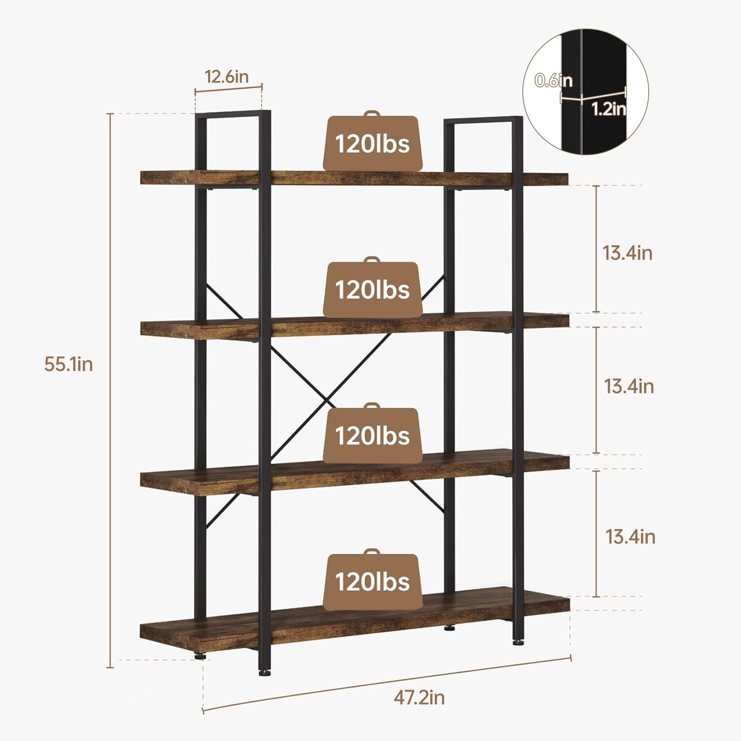 OtterOasis Bookshelf Set, Heavy Duty 4-Tier Industrial Bookcase, 47" Wide Wood Bookshelf for Home Office, 120lbs Shelf Capacity, Rustic Open Display with Horizontal Shelf for Living Room Bedroom