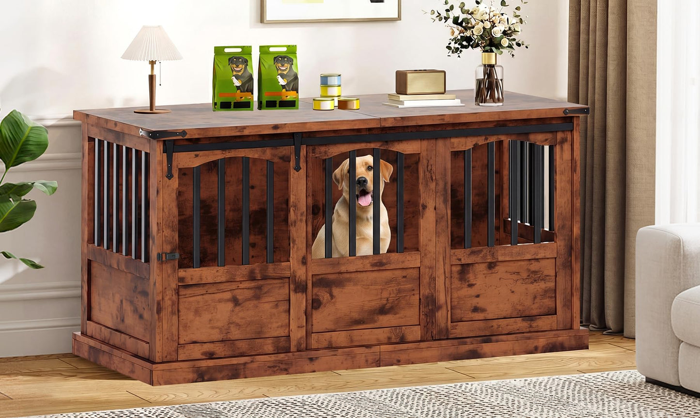 Homiflex Dog Crate Furniture with Barn Sliding Doors, 53" Large Dog Kennel Furniture Indoor with Divider for Medium Large Dogs, Heavy Duty Wooden Dog Cage Decorative TV Stand, Brown