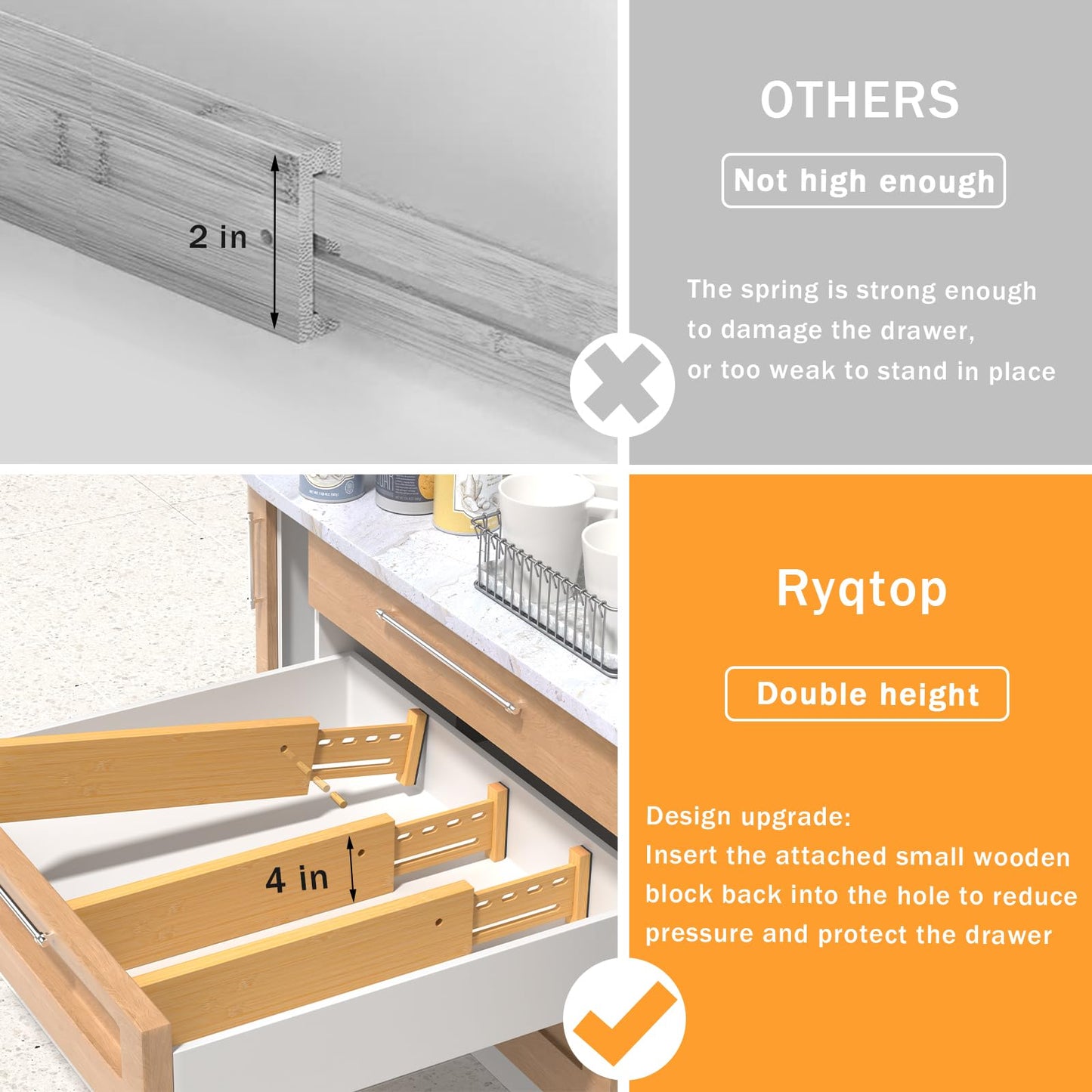 Ryqtop Bamboo Drawer Dividers 4" High, 12.8-18" Adjustable Drawer Organizers for Clothes,Expandable Dresser Separators in Bedroom/Kitchen/Bathroom/Office Organization and Storage,4 Pack