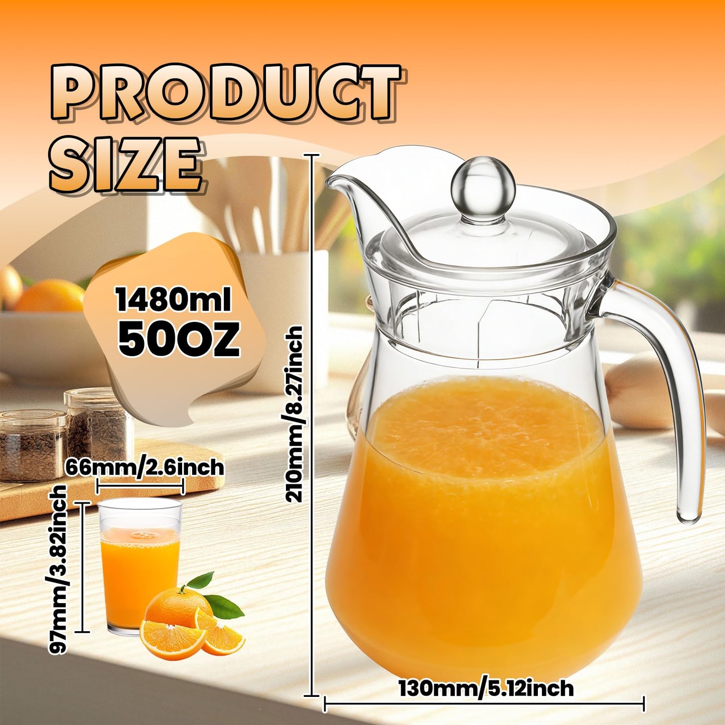 WELKOR Plastic Juice Pitcher with Lids & cups, 50 oz Large Capacity, Shatterproof & BPA-Free Water Jug for Tea, Lemonade, Sangria, Juice, Beverages