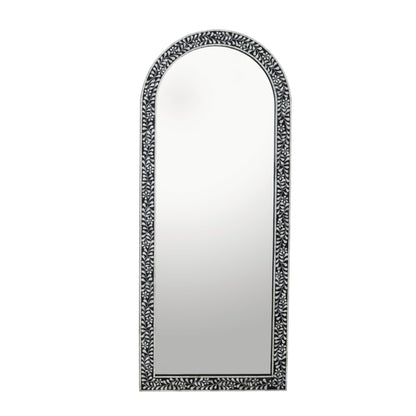 Creative Co-Op Mango Wood Arched Mirror with Bone Inlay Flowers and Leaves, Black and Ivory Finish
