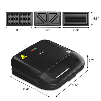 Sunvivi Sandwich Maker Panini Press: Waffle Maker with Removable Plates, 3 in 1 Sandwich Maker Press with Non-Stick Plates, Indicator Lights & Cool Touch Handle, 750W, Black