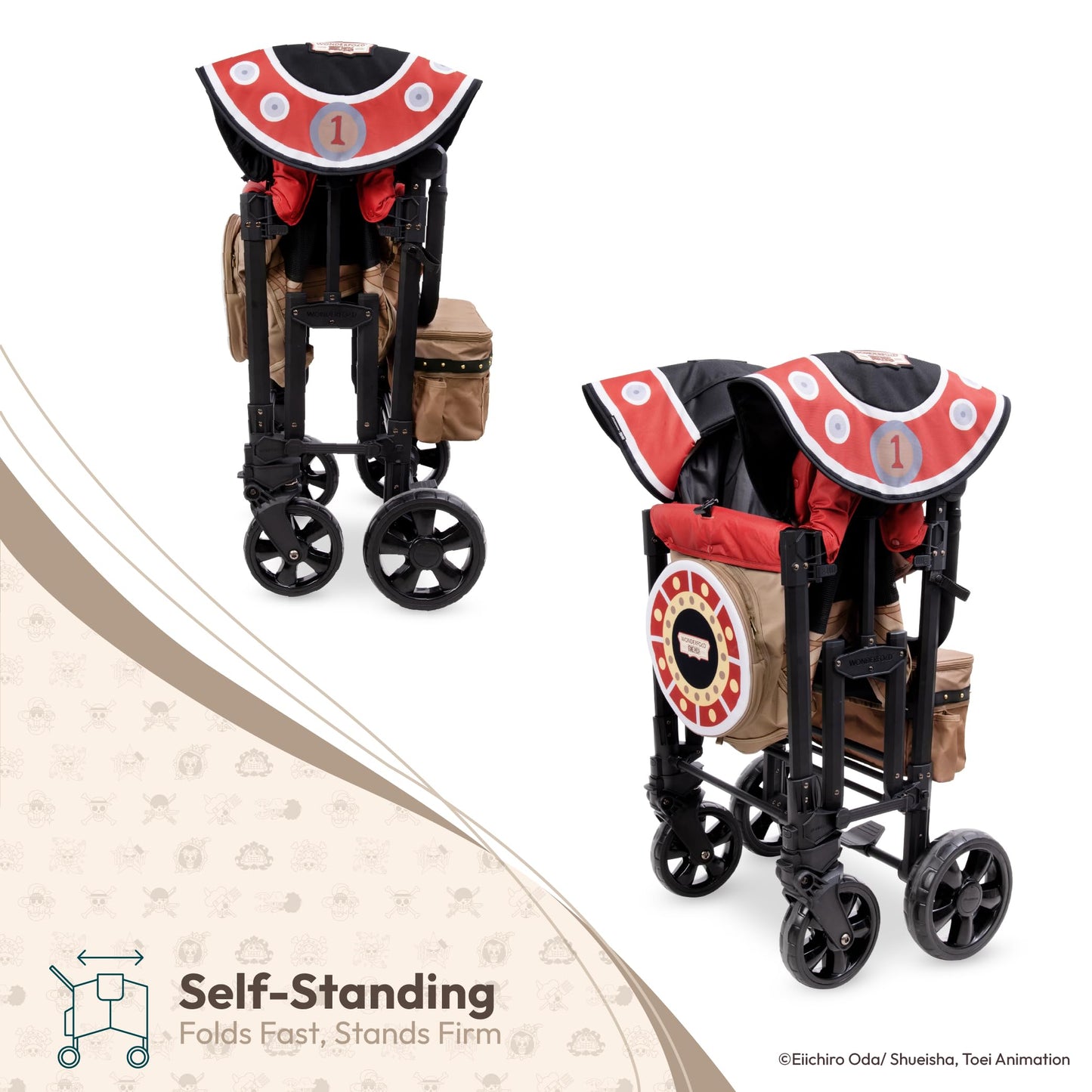 WONDERFOLD W2 Elite Pro Limited Edition ONE PIECE Thousand Sunny Stroller Wagon 2 Seater - Collapsible Wagon Stroller with Seats w/ 5-Point Harnesses, Easy Access Zipper Door, and Removable Sun Canopy