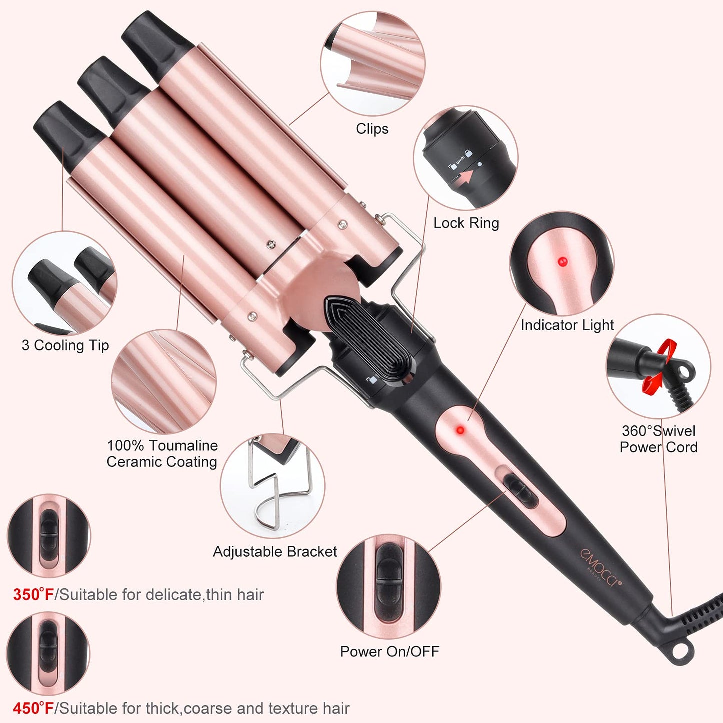 Wand Curling Iron Hair Crimper, Emocci Pro Large 3 Barrel (0.35"-1.25" Ceramic Barrel) Hair Crimper for Women Beach Waves Instant Heat Hair Waver Set for Long Hair Curlers 5-in-1 Curling Wand Set
