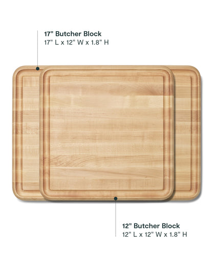 Caraway 3-Piece Prep & Serve Butcher Block Set, Includes 17” Rectangle Cutting Board, 12” Square Cutting Board and Metal Storage Rack, Maple