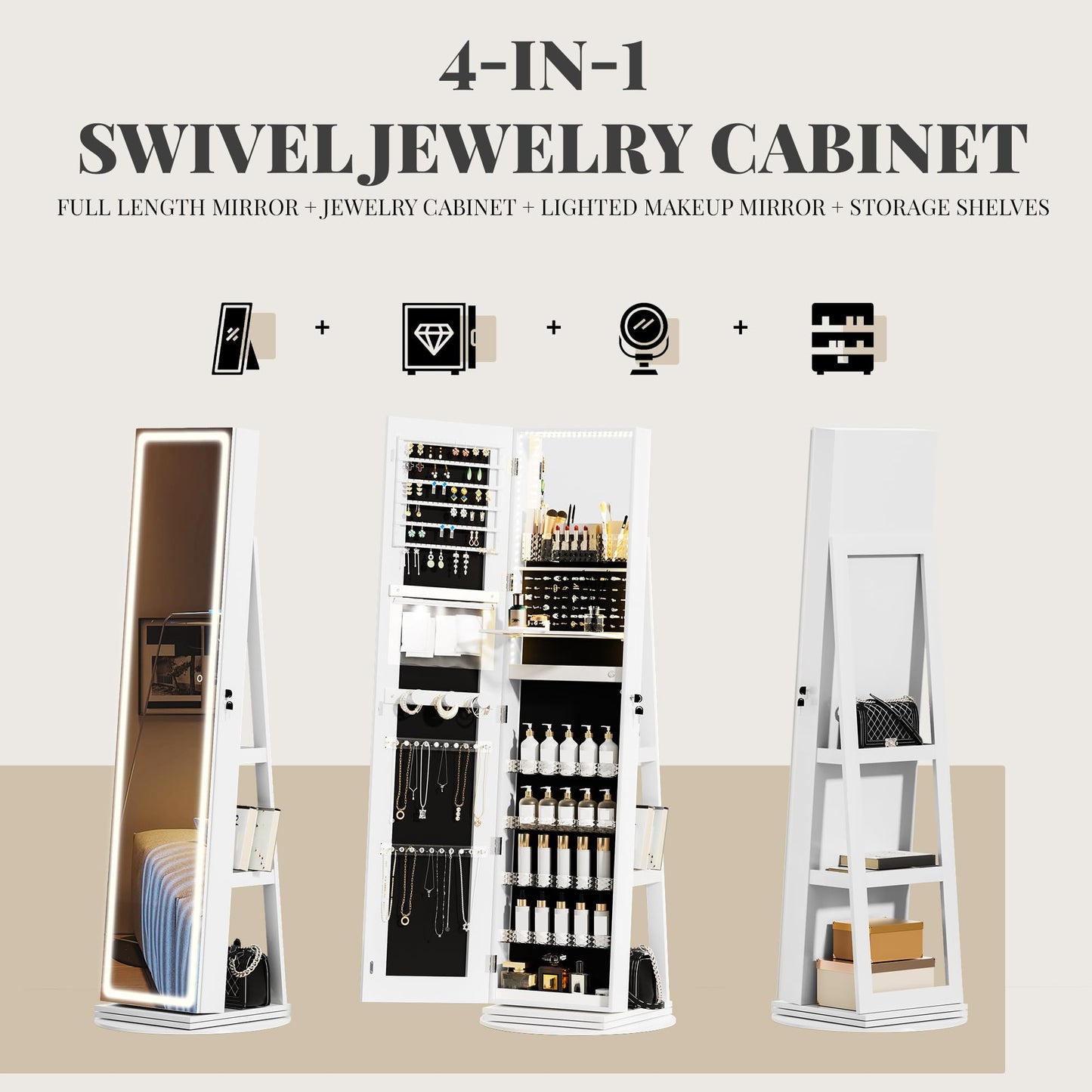 TJYGO Mirror Jewelry Cabinet Standing, Jewelry Armoire with Full-Length LED Mirror and Adjustable Lights, 360° Swivel Jewelry Organizer Storage, Upgrade White