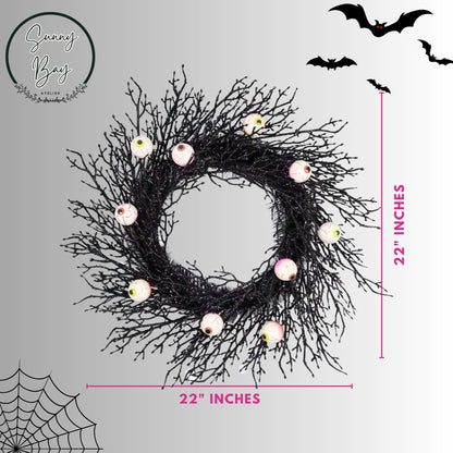 Sunny Bay Atelier Spook-tacular Halloween Wreath - 22" Creepy Eyeball, Black Twig with 35 Purple/Orange LED Lights (Battery Operated with Timer) Spooky Decor for Front Door, Haunted House Decor