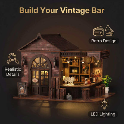 Book Nook Kit, 3D Wooden Miniature Tavern & Pub Dollhouse with LED Lights - DIY Mini House Craft Model for Adults, Birthday Valentine's Day Gift for Women Men