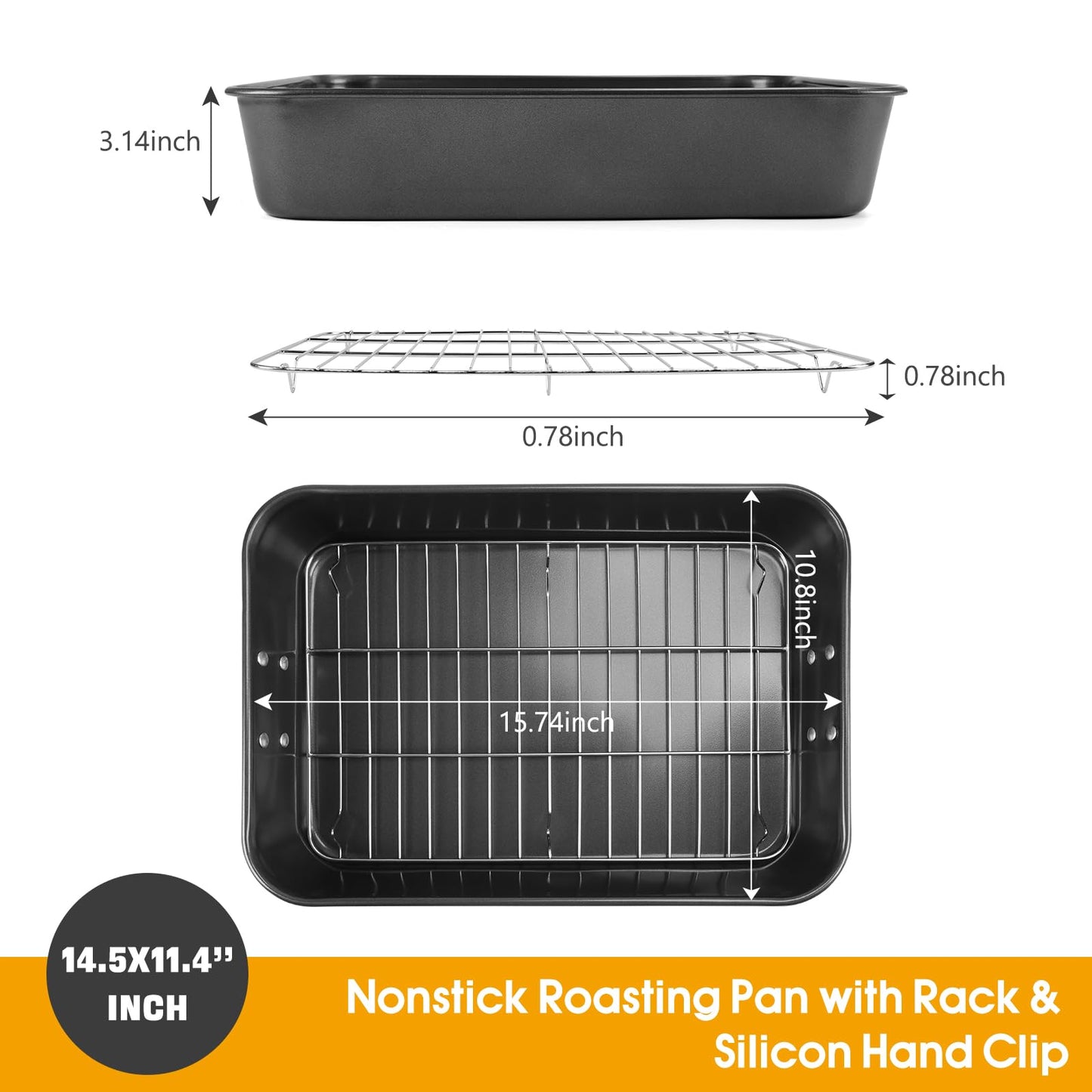 Roasting Pan with Rack, 15.75x11.02’’ Baking Pan for Oven with Rack & Silicon Hand Clip & Oilbrush, Heavy Duty Dishwasher Safe Rectangular Lasagna Pan with Handle for Turkey, Dark Grey
