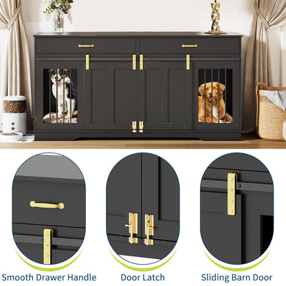 GarveeHome 71'' Double Wooden Dog Crate Furniture for 2 Dogs, with Removable Divider, Sliding Door & 2 Drawers, Decorative TV Stand for Living Room, Fits Small Medium Large Dogs