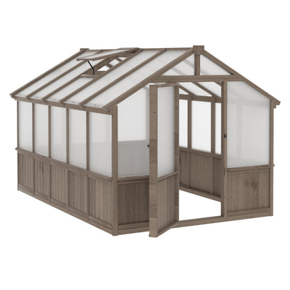 Yardenaler 8x10 FT Greenhouse Kit with 6MM Thick Polycarbonate Panel for Outdoor, Wooden Walk-in Green House with Adjustable Roof Vent and Lockable Door, Backyard, Garden, Light Mocha Brown