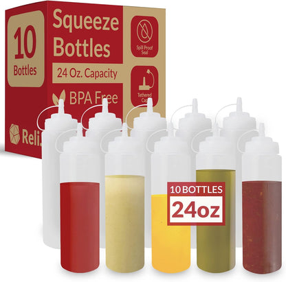 24 oz. 10 Pack 24 Reli. Plastic Squeeze Bottles, | | Condiment Squeeze Bottles for Sauces | Clear w/Tethered Caps |