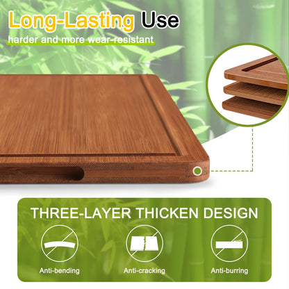 Homaxy Bamboo Cutting Board for Kitchen Set of 3, Wooden Cutting Boards with Non-Slip Mat Deep Juice Groove and Built-In Handles, Wood Chopping Board Set for Meat Fruits & Vegetables