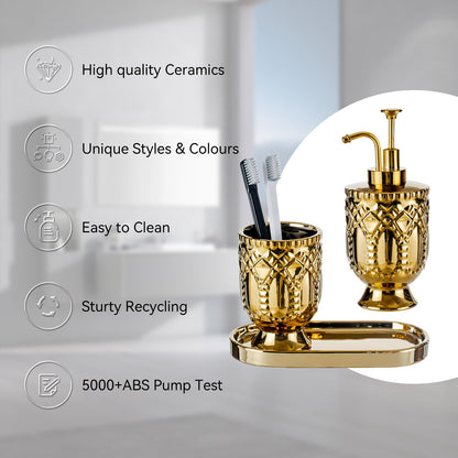 Gold Bathroom Accessories, 3pcs Ceramic Bathroom Set with Toothbrush Holder,Soap Dispenser, Bathroom Tray, Complete Bathroom Decor and Acessories Set