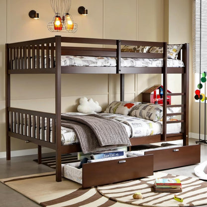 PVWIIK Full Over Full Wood Bunk Bed with 2 Drawers & Ladder for Adult Teenagers Kids Bedroom Dorm Guest Room,Convertible into 2 Full Beds Frame/Under Bed Space/No Box Spring Required,Espresso