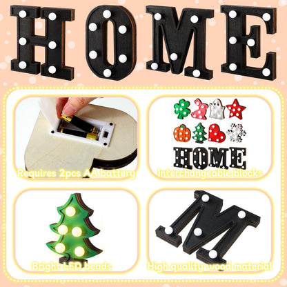 Aurelema Interchangeable Home Table Signs with 8 Pcs Seasonal Icons Wooden "home" Letter Signs with LED Marquee Light up 4th of July Table Decorations Decorative Centerpiece for Room Decoration