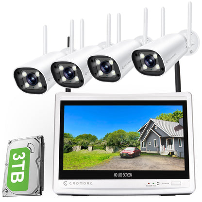 Cromorc Expandable 16CH NVR Wireless Security Camera System with 12.5" Monitor, 4PCS 5MP Surveillance Camera Human Detection, Spotlight, Siren Alarm, 2-Way Audio, Night Vision, 3TB HDD
