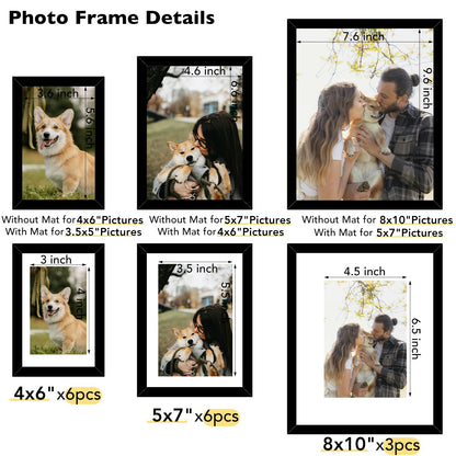 JCJMY 15 Pack Picture Frames Collage Wall Decor for Wall Hanging or Tabletop, Gallery Wall Frame Set for Family, Multi Sizes Photo Frames Collage Including 3Pcs 8x10, 6Pcs 5x7, 6Pcs 4x6, Black