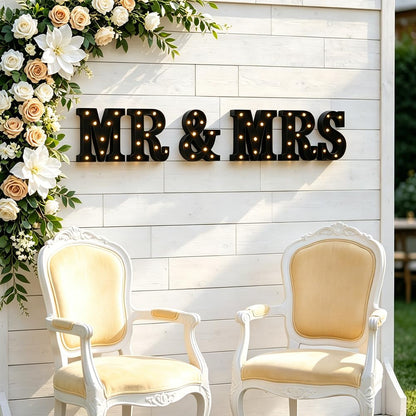 CDIXlmuz Mr & Mrs LED Light Up Letters, Mr & Mrs Sign for Wedding Table, Black LED Marquee Letter Lights Engagement Wedding Decoration, Photo Props, Valentine's Day Anniversary, Battery Operated