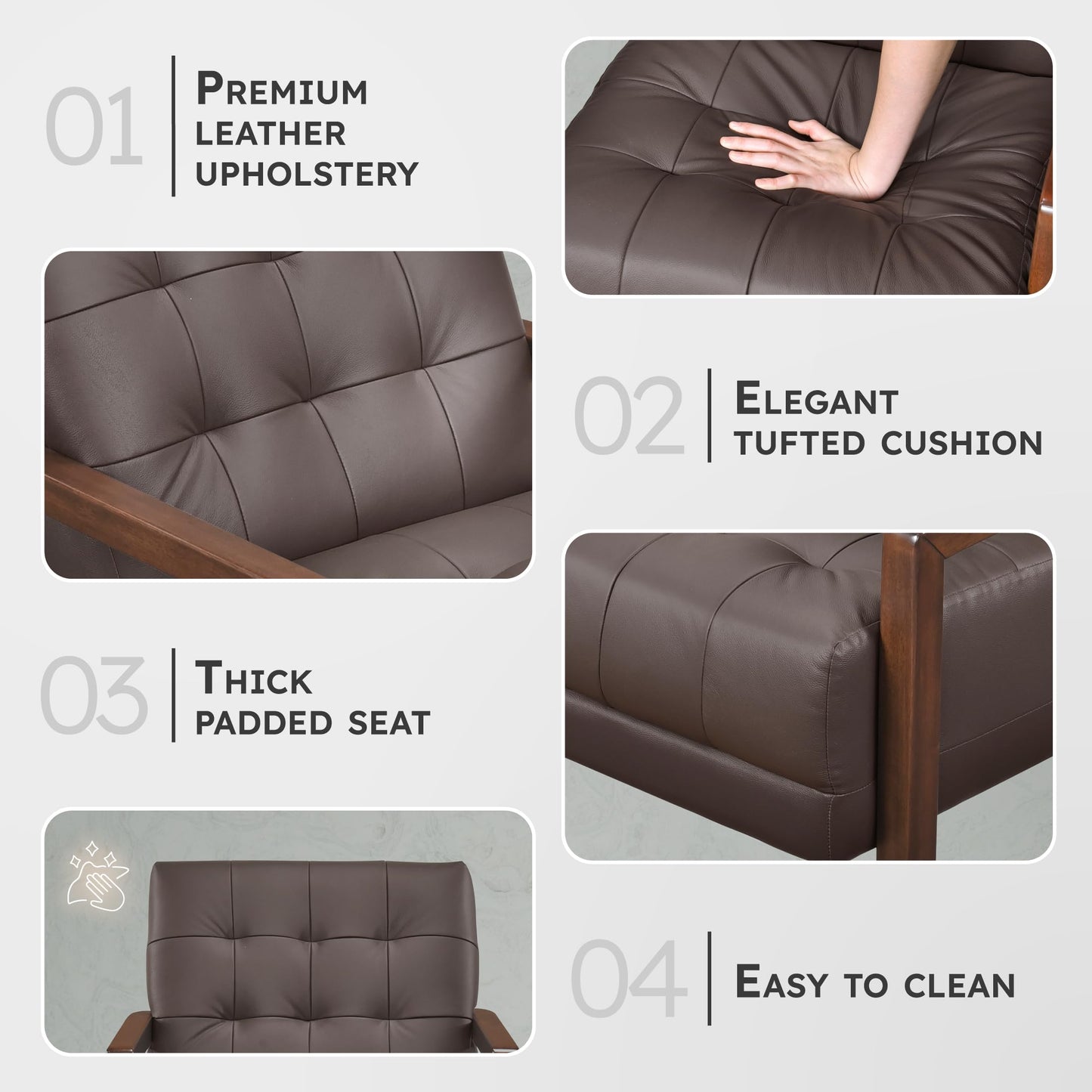 Lexicon Modern Accent Chair, Luxury Genuine Leather Match Living Room Chair with Tufted Cushions, Solid Wood Frame and Arm Rest, Comfy Upholstered Single Seat for Bedroom/Reading/Office, Dark Brown