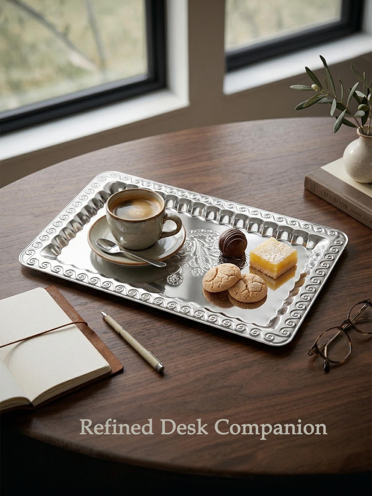 4-Pack Silver Serving Trays Set - ZENOVLUX Swirl Floral Engraved Mirror Decorative Tray, 13.8" x 8.7" Party Platters for Easter, Food, Appetizer, Charcuterie, Cookies, Desserts