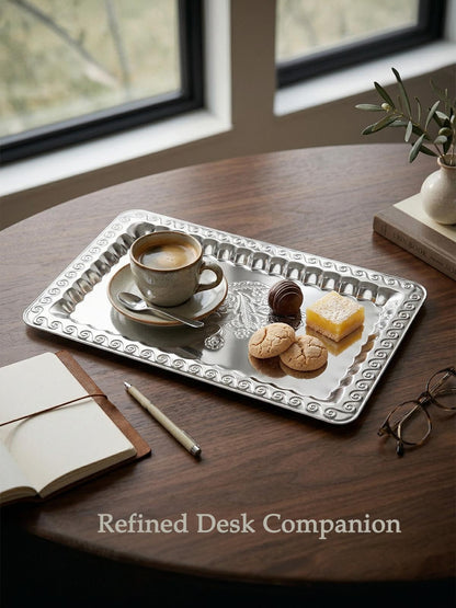 4-Pack Silver Serving Trays Set - ZENOVLUX Swirl Floral Engraved Mirror Decorative Tray, 13.8" x 8.7" Party Platters for Easter, Food, Appetizer, Charcuterie, Cookies, Desserts