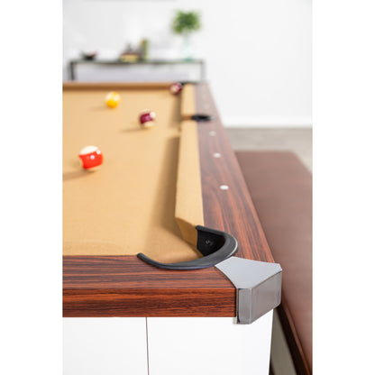 Hathaway Newport II 7 Foot Dining Pool Table Combo with Game Accessories, & 2 Benches – Multifunctional Billiards Table with Ping Pong & Dining Top – White Finish, Walnut Accents, Camel Felt