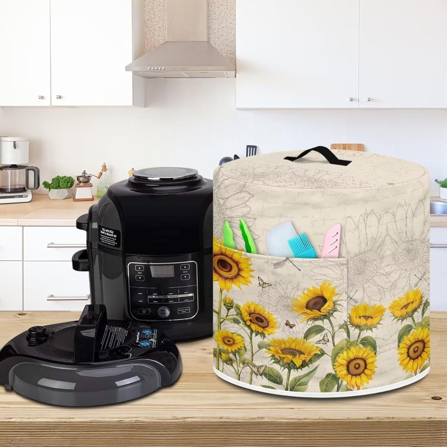 Air Fryer Cover - Pressure Cooker Dust Cover for 6 Qt Instant Pot, with Top Handle and Accessories Pockets, Sunflower