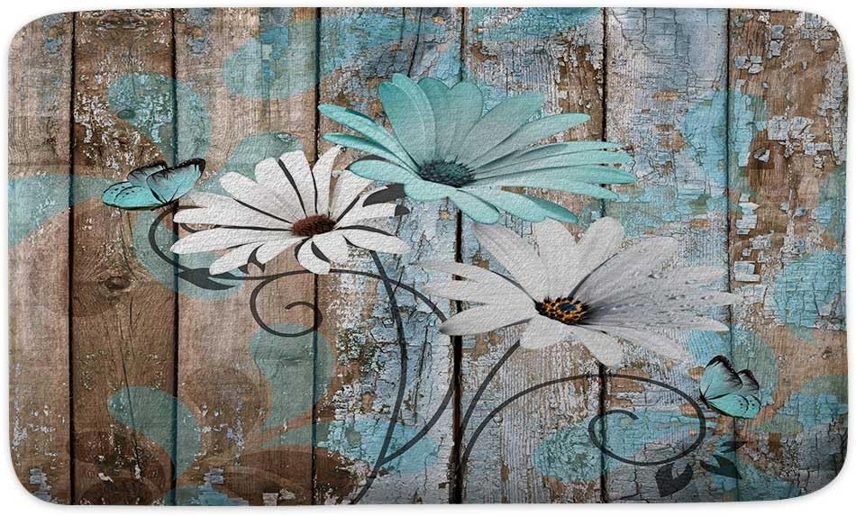 Farmhouse Floral Flower Bath Mat, Teal Daisy Rustic Wooden Plank Non-Slip Soft Doormat for Indoor Outdoor