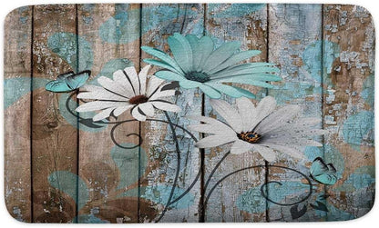 Farmhouse Floral Flower Bath Mat, Teal Daisy Rustic Wooden Plank Non-Slip Soft Doormat for Indoor Outdoor