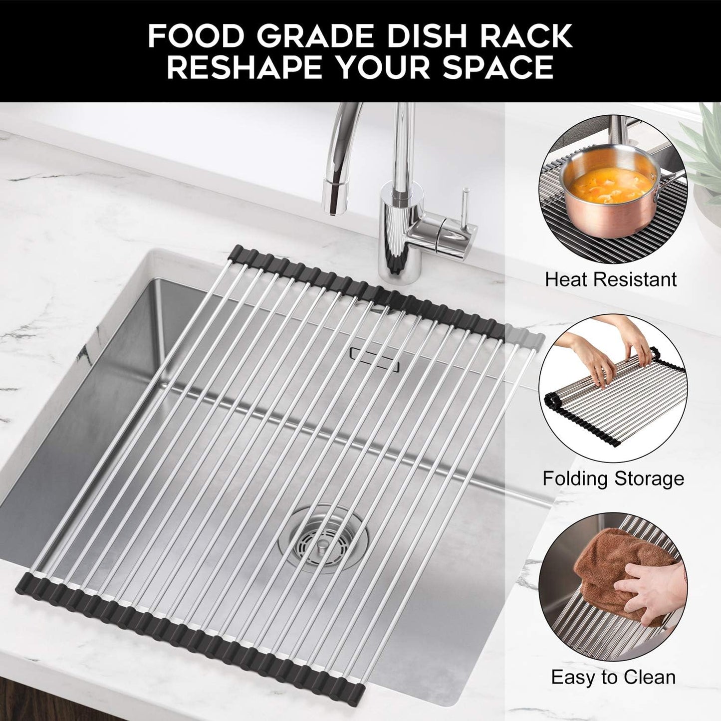Roll Up Dish Drying Rack, Over The Sink Kitchen Rolling Dish Drainer, Foldable Sink Rack Mat (17.8"x11.8")