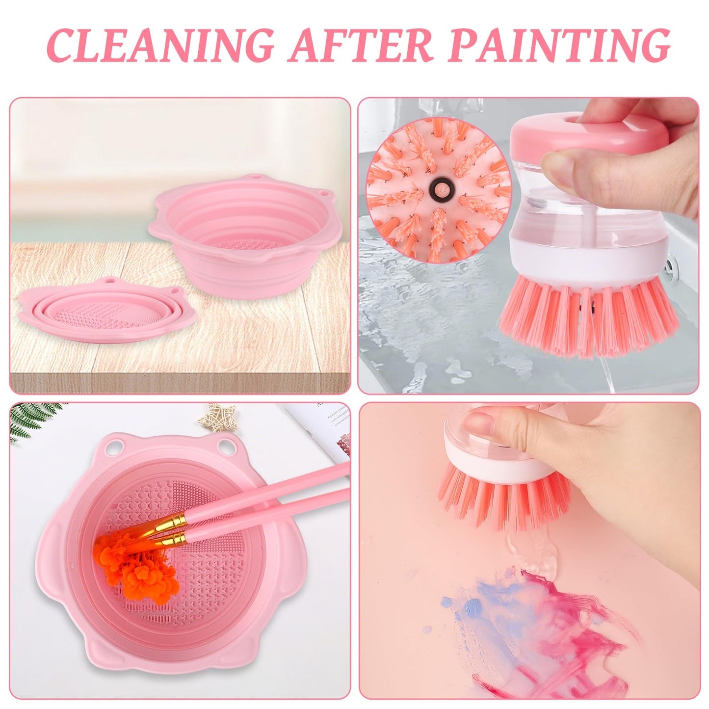 Painting Station, Silicone Painting Mat 20"X16" and Paint Brush Cleaner (Pre-Assembled), 10 Paint Brushes and Foldable Silicone Paint Brush Cleaner Bowl, for Artist Kids Adults Birthday Gifts (Pink)