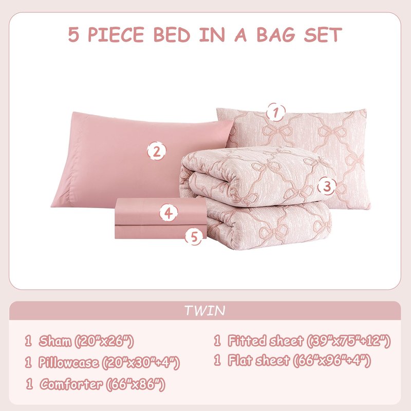 Wink Deer Twin Comforter Set with Sheets for Girls-5 Pieces Twin Bedding Sets with Pink Comforter, Sheets, Pillowcase & Sham for Kids (Pink Diamond, 66" X 86")