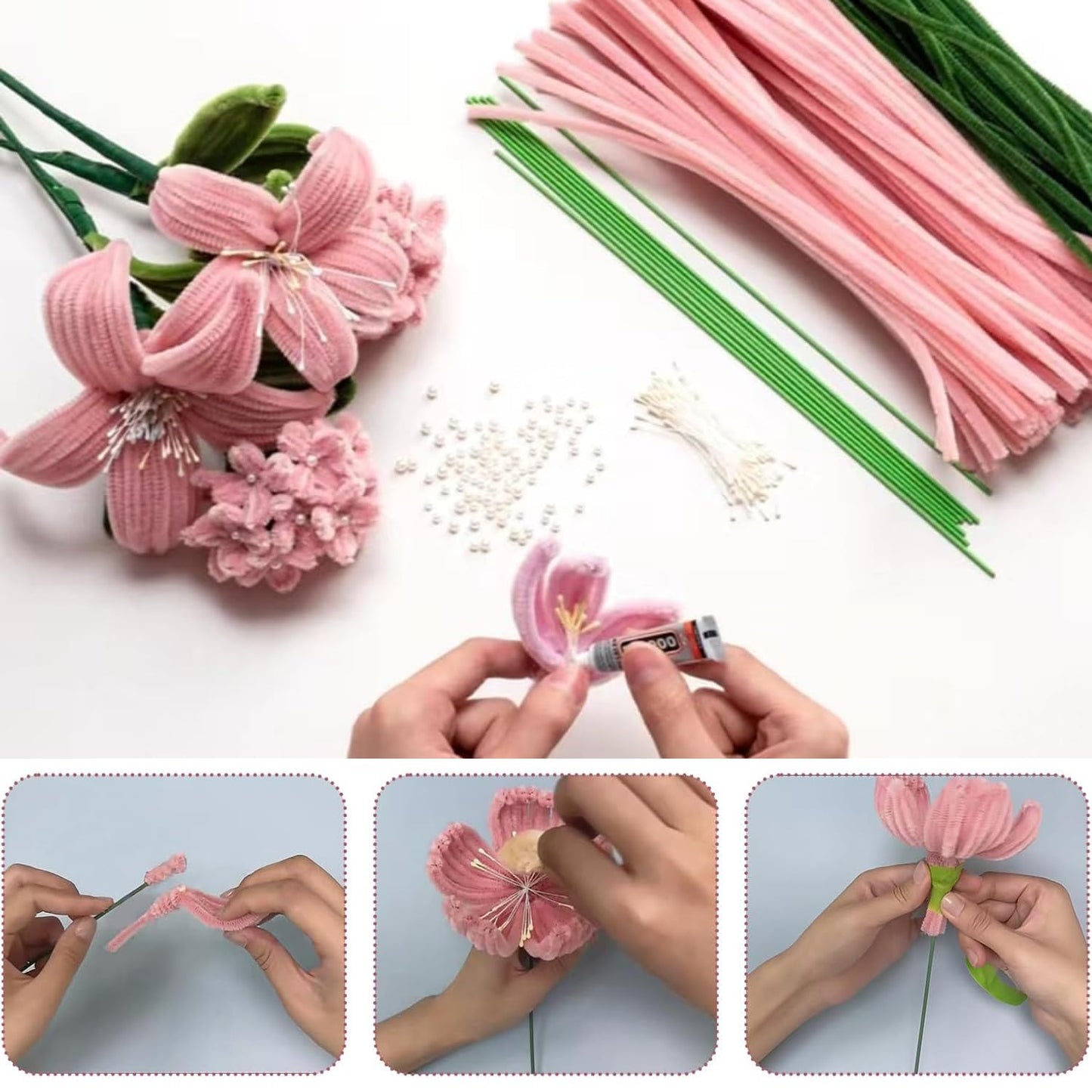 500 Pcs Pipe Cleaners Craft，Pipe Cleaner Bulk Flower Kit，6 Colors Chenille Stems Flower Kit for DIY Handmade Whit Ribbons，Stems,Tape，Stamens, Glue Sticks，Gift for Art Project Activity (Pink)