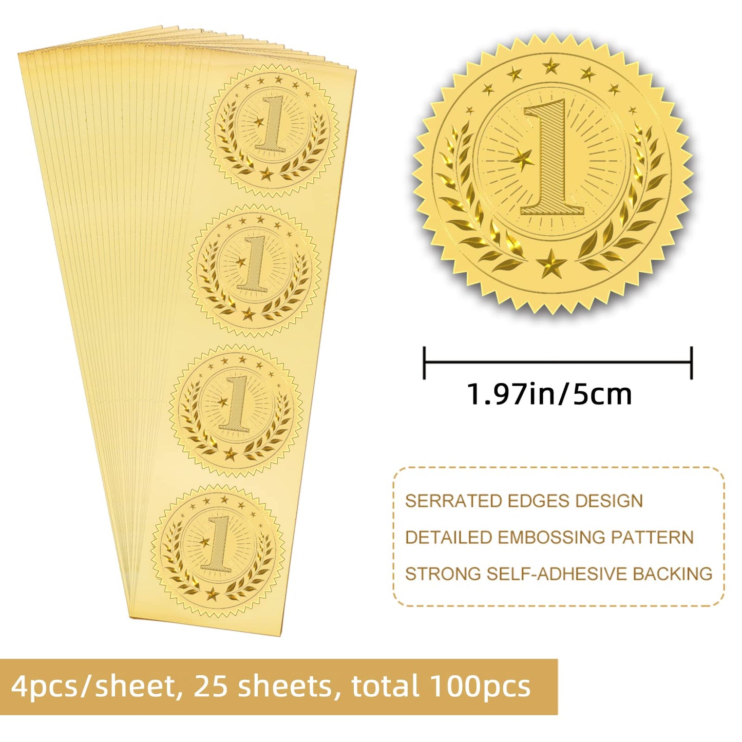 CRASPIRE 2" 1st Gold Foil Sticker Medal Award First Place 100pcs Certificate Seals Gold Embossed Round Embossed Foil Seal Stickers for Envelopes Invitation Card Diplomas Graduation Ofiicial