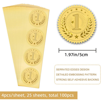 CRASPIRE 2" 1st Gold Foil Sticker Medal Award First Place 100pcs Certificate Seals Gold Embossed Round Embossed Foil Seal Stickers for Envelopes Invitation Card Diplomas Graduation Ofiicial