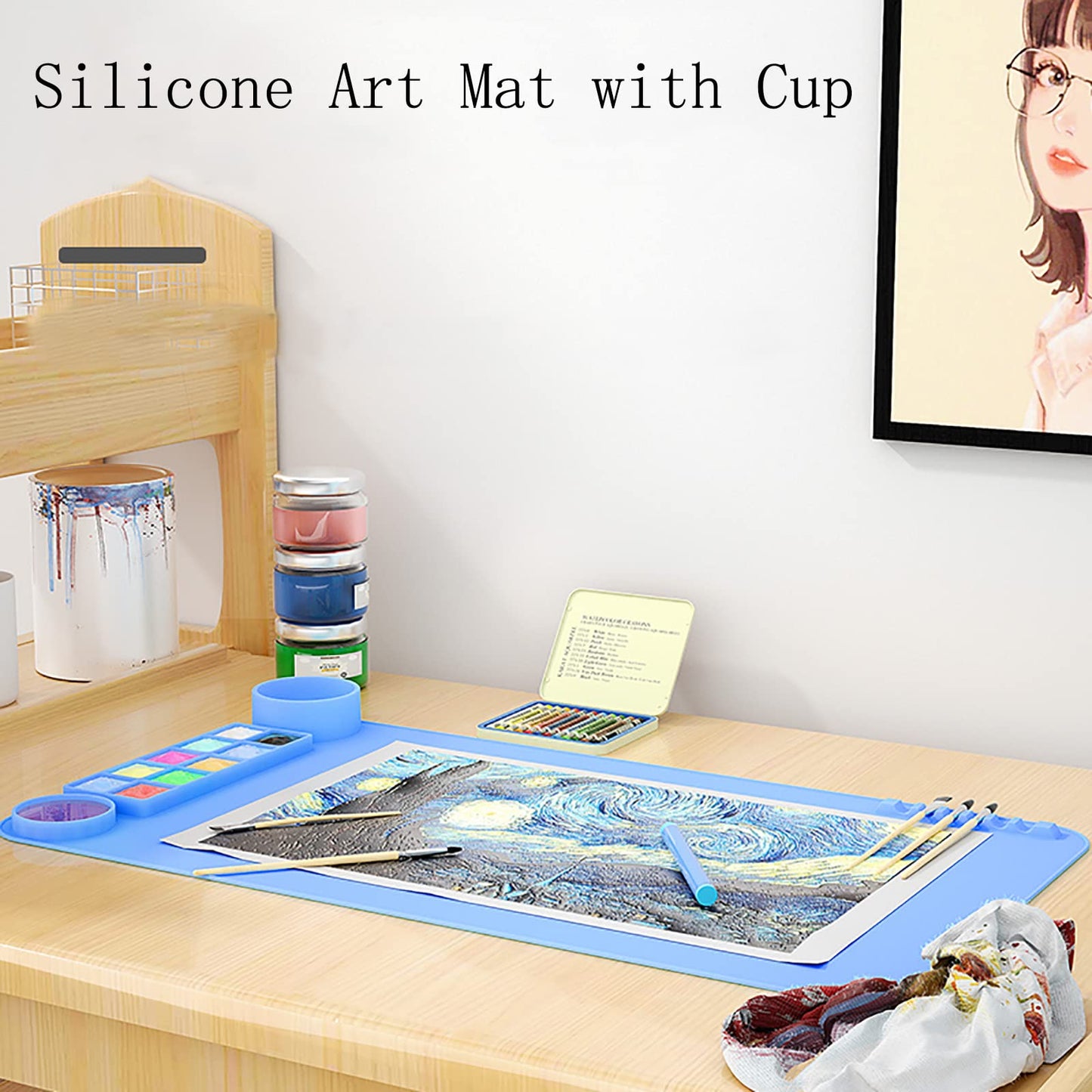 2 Pack Silicone Art Mat with Cup, KJMYYXGS Silicone Painting Mat with Cup, 19.7"x11" Silicone Craft Mat with Cup and Paint Holder Silicone Artist Mat Kids (Pink and Blue)