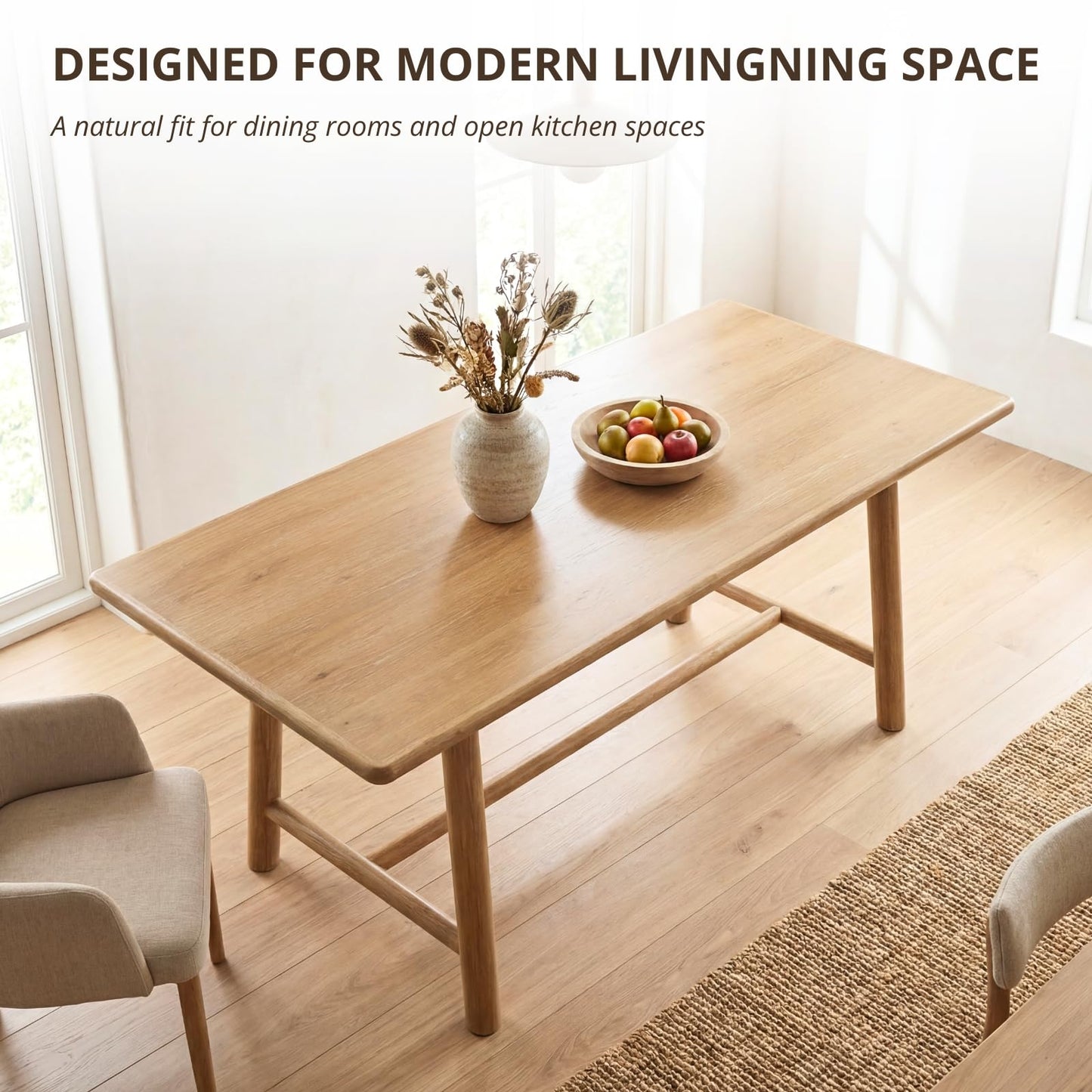 Ya-Home Natural Dining Table, 69" Wood Kitchen Table with Solid Wood Legs, Seats 4-6, Modern Farmhouse Dinner Table for Dining Room Home Office