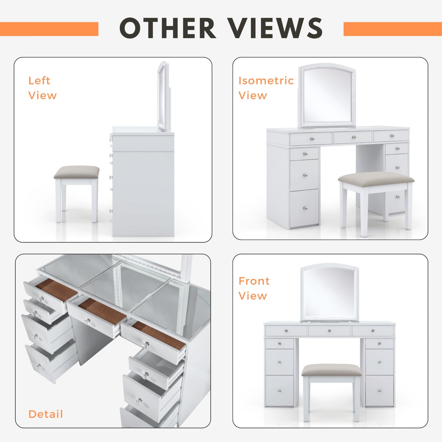 24/7 Shop at Home Juno Modern White Vanity Desk with Mirror and LED Lights, Makeup Table with 9 Drawers, Upholstered Stool with Wood Legs, Bedroom Furniture Set, Dressing Room, Youth Room