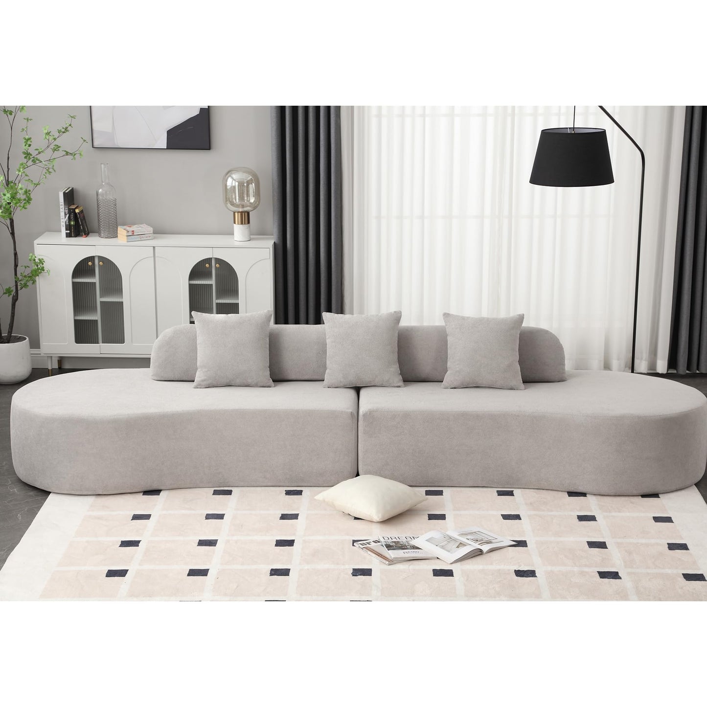 ACQCA 130.5" Modern Curved Combination Sofa, Cloud Couch with 3 Removable Pillows for Living Room, Apartment,Office,No Assembly Required, Gray
