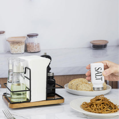 Napkin Holder for Table, Rotating Metal Napkin Holder with Salt and Pepper Shakers, Rotating Standing Napkin Dispenser for Kitchen Dining Table Decor, Not Including Salt and Pepper Shakers - Black