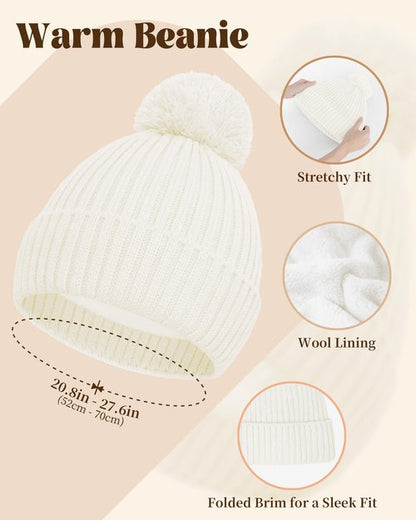 DODOKIE 5 Pieces Winter Beanie Hat Scarf Gloves Touchscreen & Thick Socks Set for Women, Knit Fleece Lined Cold Weather Warm Outfits Accessories, Gifts for Her Mom Christmas Stocking Stuffers (White)
