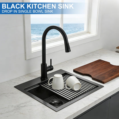 Scamall 15x17x9 Drop In Kitchen Sink Workstation, Nano Black 304 Stainless Steel Deep Single Bowl with Quick Drainage & Tarnish-Free Surface for Bar, Laundry, RV, Includes Accessories
