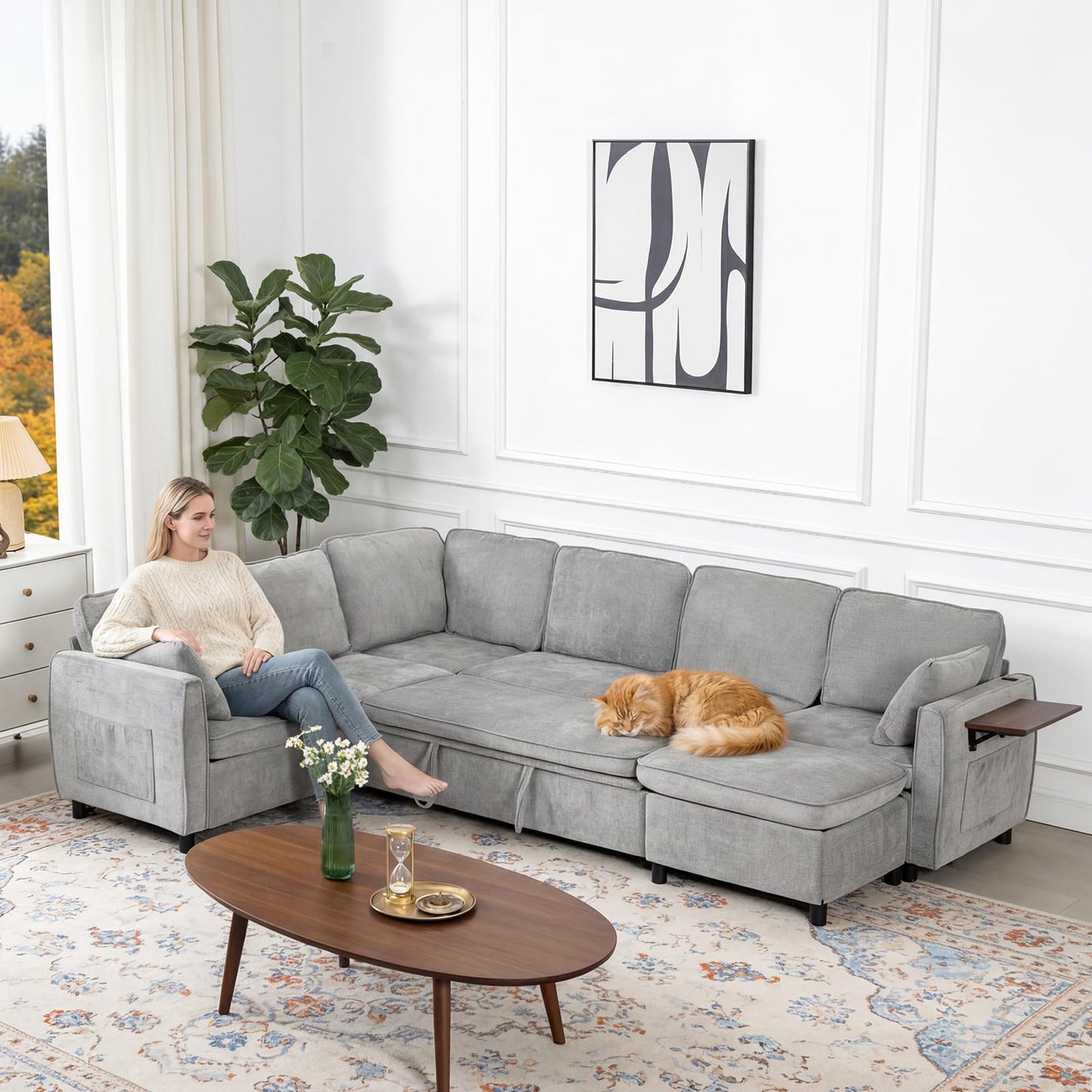 Modular Sectional Sleeper Sofa with Pull Out Bed, 116" Large U Shaped 7 Seater Sectional Couches with Ottoman, Charging Port & Foldable Side Table, Comfy Chenille Cloud Sofas for Living Room, Grey