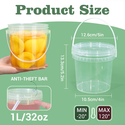 Airtight Clear Plastic Bucket with Lid, Ice Buckets for Parties, Reusable Ice Cream Tub with Handle, Food Storage Container, Food Grade Freezer and Microwave Safe for Sauce, Soup (32 OZ/1000 ML)