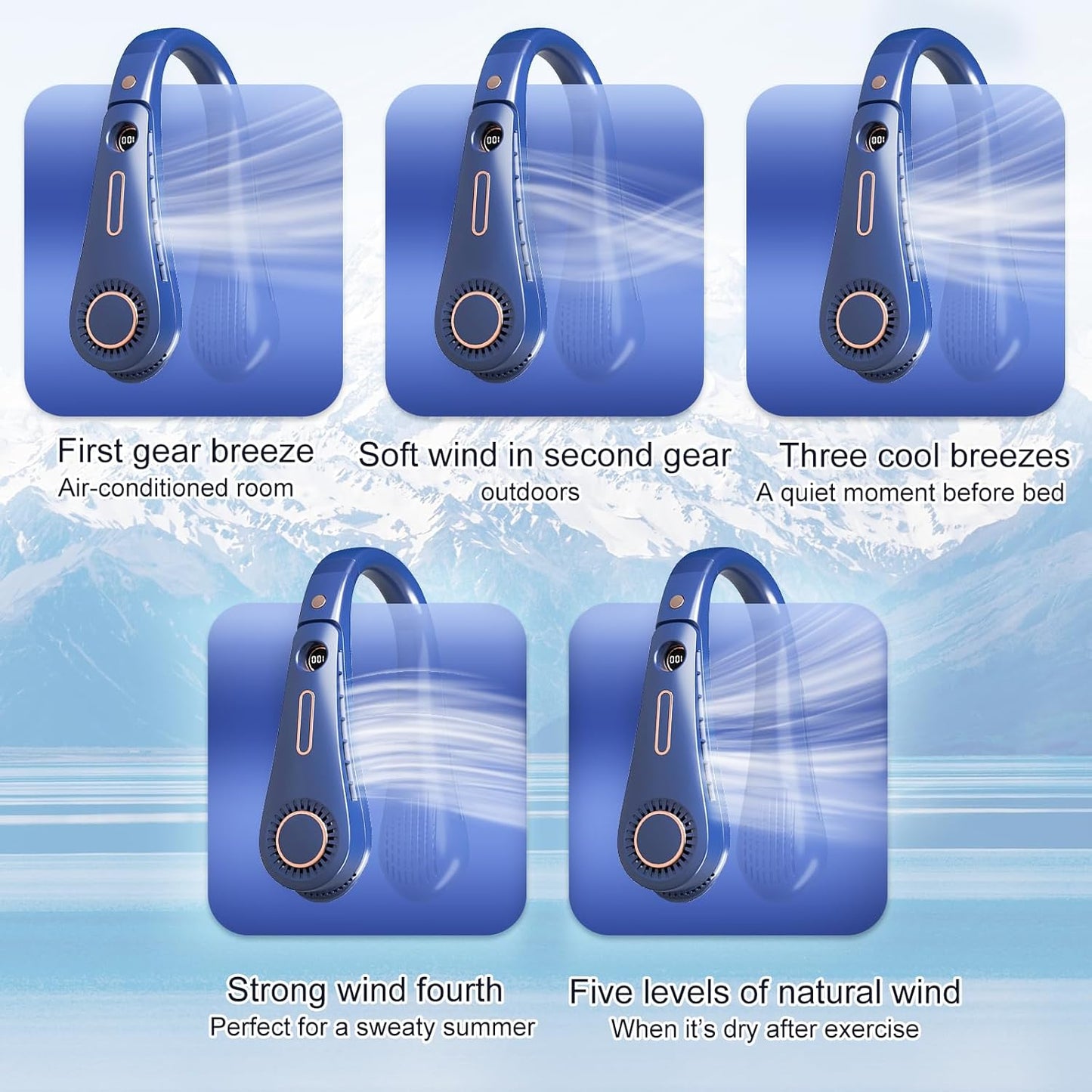 Neck Fan, 4000mAh Battery Power, Portable USB Charging Neck Fan, 5 Gear Adjustable Fast Cooling, Super Quiet
