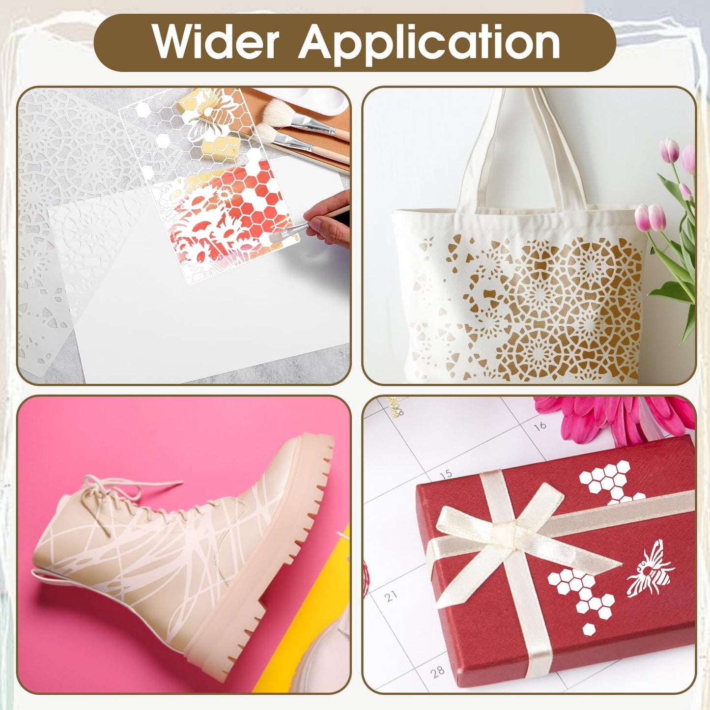 12Pcs Mixed Stencils for Painting, Art Stencils for Crafts Reusable, Wood Grains Flower Texture Templates Spider Web Layering Spray Paint Stencils Kit on Wall Canvas Cake Card DIY (11×7'')