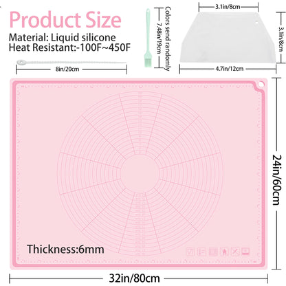 Silicone Baking Mat 32" x 24", Extra Thick Non-stick Pastry Mat with Measurements and Edge Heightening, Food Grade Silicone for Countertop Dough Rolling(With Dough Scraper/Pastry Brush/Cable Tie)