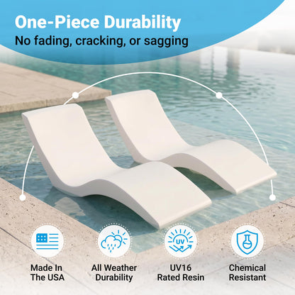 Aqua Outdoors Pool Chaise Lounge Chairs for Ledge & Shelf, Water-Weighted Pool Lounger for Depths Up to 9”, No Screw Plugs & Tools Needed, Classic White Ledge Lounger, Set of 2