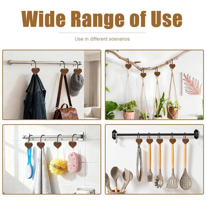 Shower Curtain Hooks, Wood Decorative Shower Curtain Rings, Modern Round Log Shower Curtain Hangers, 12PCS Shower Hooks for Shower Curtain Rod, Bedroom, Living Room (Heart-Black)